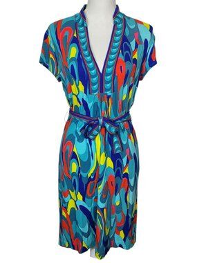 Trina Turk Dress Women's Sz 4 Vibrant Multicolored Abstract Print V Neck Belt